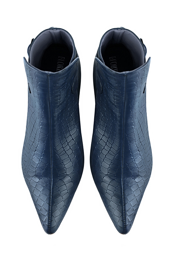 Denim blue women's ankle boots with buckles at the back. Tapered toe. Low flare heels. Top view - Florence KOOIJMAN